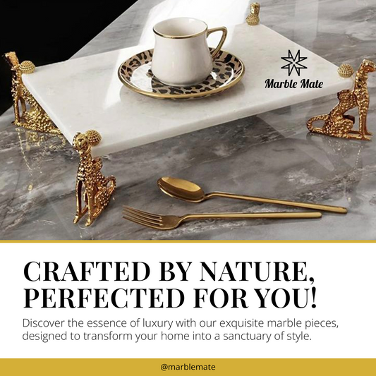 White marble platter with gold legs